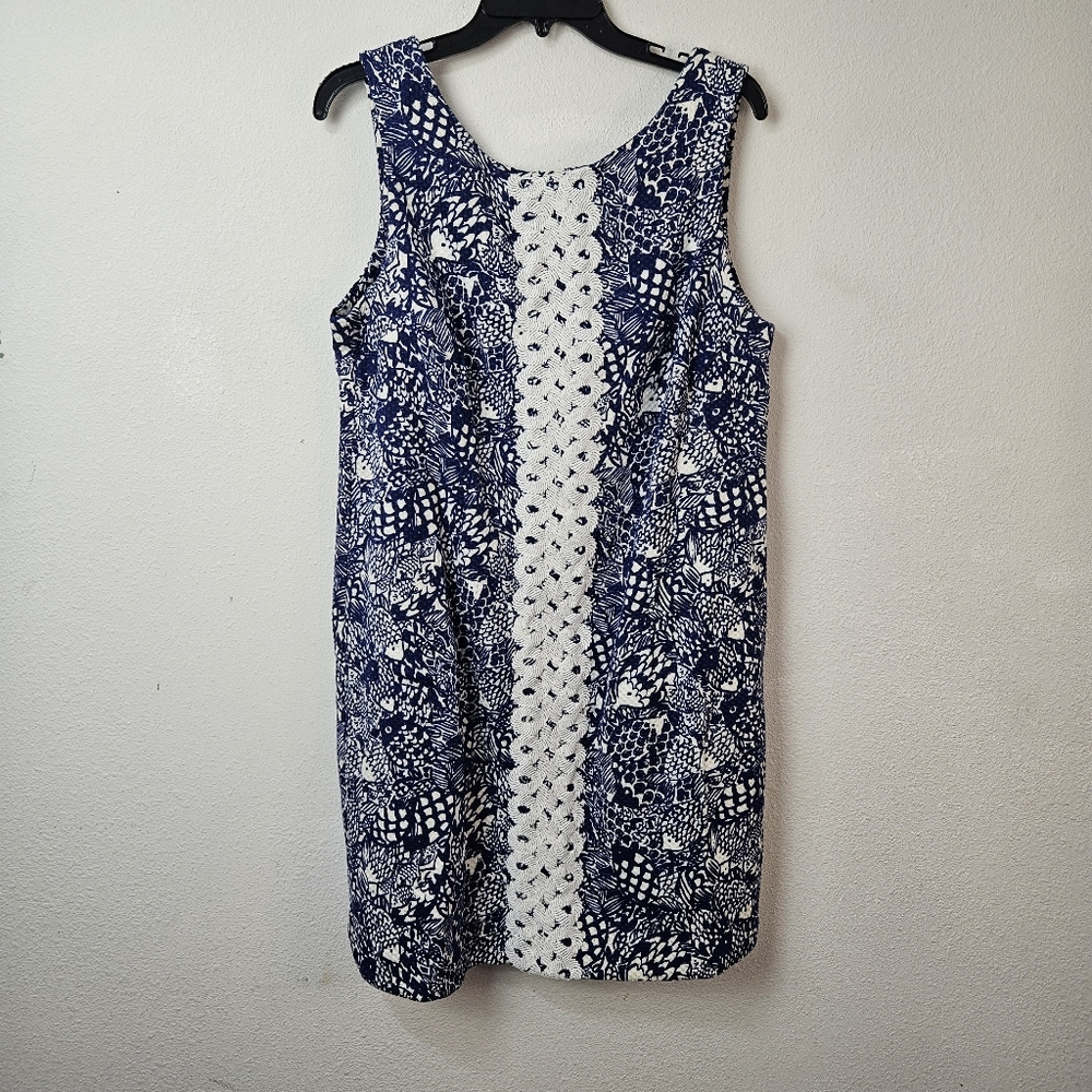 Navy & White Sleeveless Shift Dress with Lace Trim